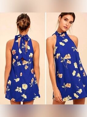 Lulu's Darling Dearest Royal Blue Floral Print Swing Mini Halter Dress